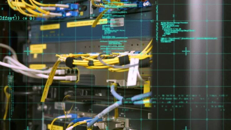 Animation of data processing over close up of computer server
