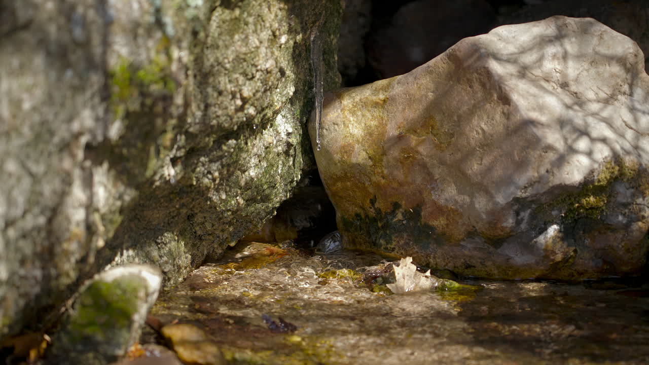 Icicles On Huge Boulders Of River Stream In Forest. Slow Motion