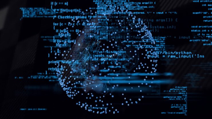 Animation of digital globe with network connections and code on dark background
