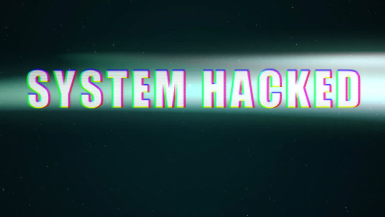 Animation of SYSTEM HACKED text glitching over dark digital background