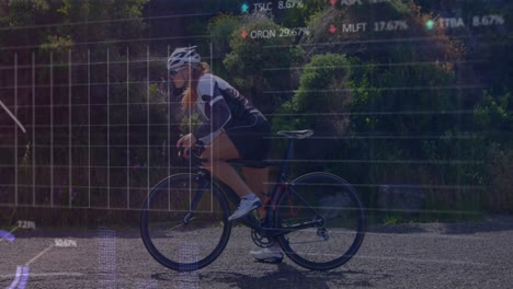 procesamiento de datos del mercado de valores contra la mujer en bicicleta en la carretera