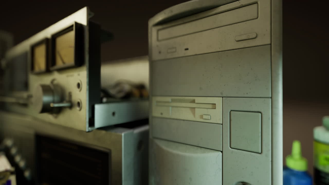 Vintage audio equipment and computer setup in a retro workspace