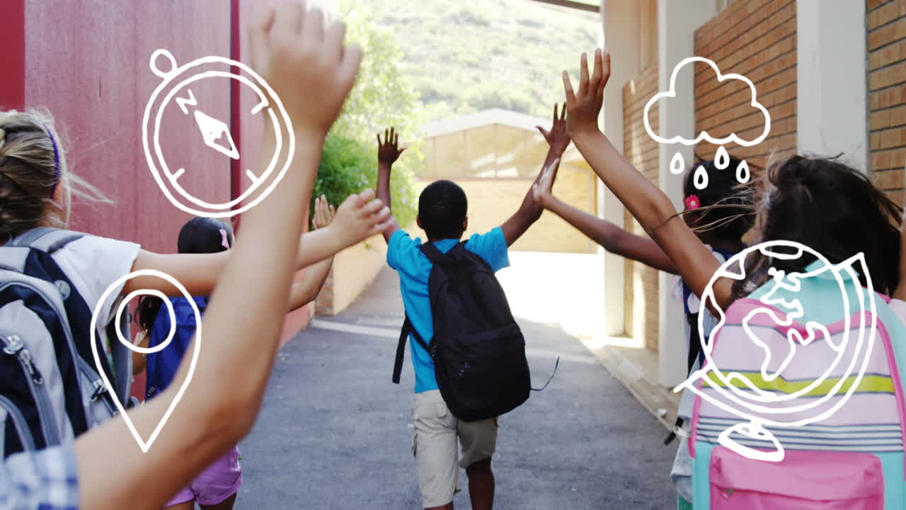 animación de iconos escolares sobre niños de escuela corriendo en la escuela