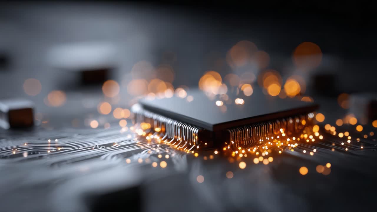 An intricate close-up of a microchip, showcasing illuminated circuitry networks and glowing sparks, highlighting the beauty and complexity of modern technology and electronics