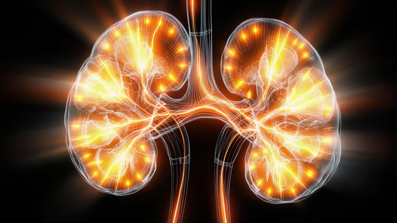 A Stunning Visual Representation of Human Kidneys Illuminated with Dynamic Energy Flow and Modern Medical Imaging Techniques Showcasing the Intricacies of Renal Anatomy