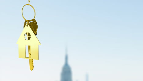 golden house keychain animation over blurred cityscape background