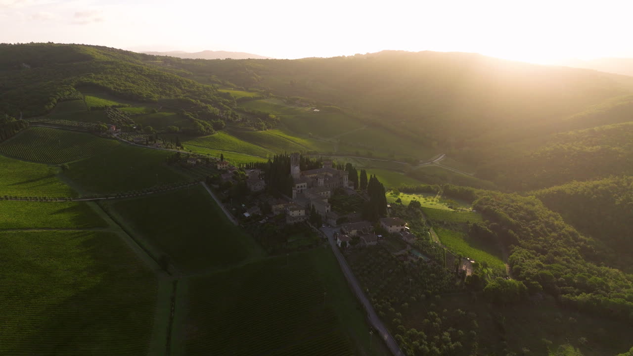 Aerial View of Tuscan Vineyard at Sunset