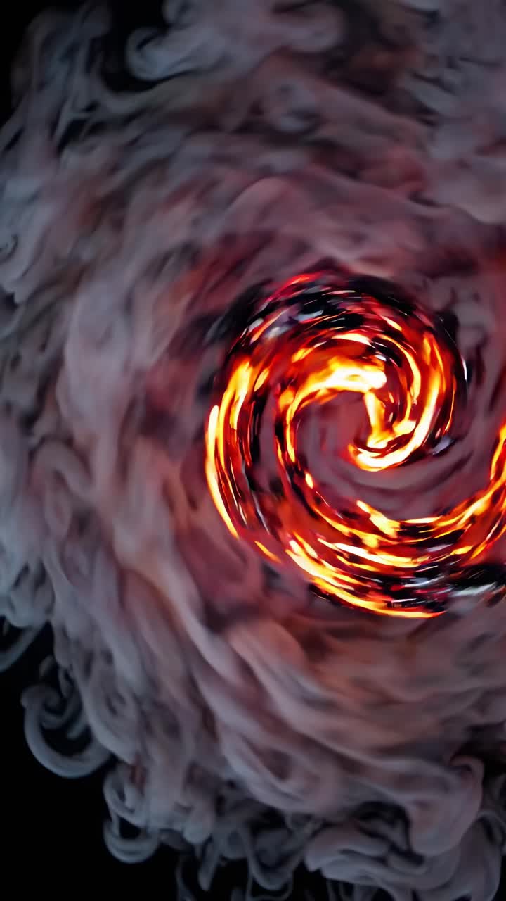 Video dinamico dall'alto verso il basso di fumo e fuoco roteanti, che crea un ipnotico effetto vortice