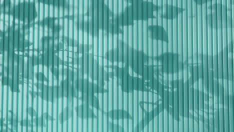shadow of tree branches and leaves on vertical green corrugated metal wall. abstract natural light and linear pattern background. design for wallpaper, banner, postcard, greeting card, poster, header.
