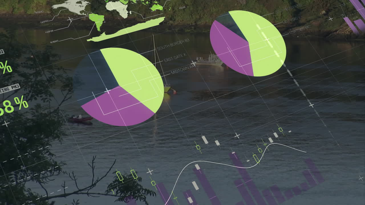 Animation of data processing, stock market and world map over river