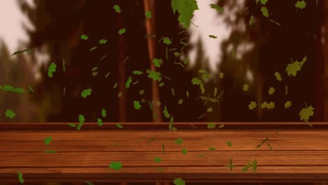 Digital-animation-of-multiple-autumn-leaves-floating-over-wooden-surface-against-forest