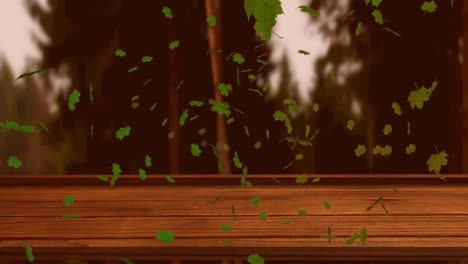 animación digital de múltiples hojas de otoño flotando sobre la superficie de madera contra el bosque