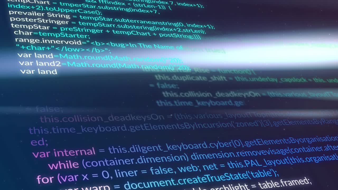 Light streak sweeping code block, multicolored JS scrolling upward showing code logic