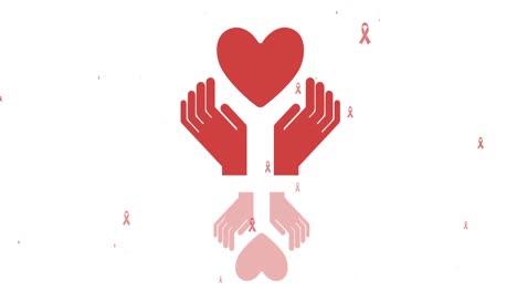 Animation-of-hands-with-heart-and-cancer-ribbons-icons-over-white-background