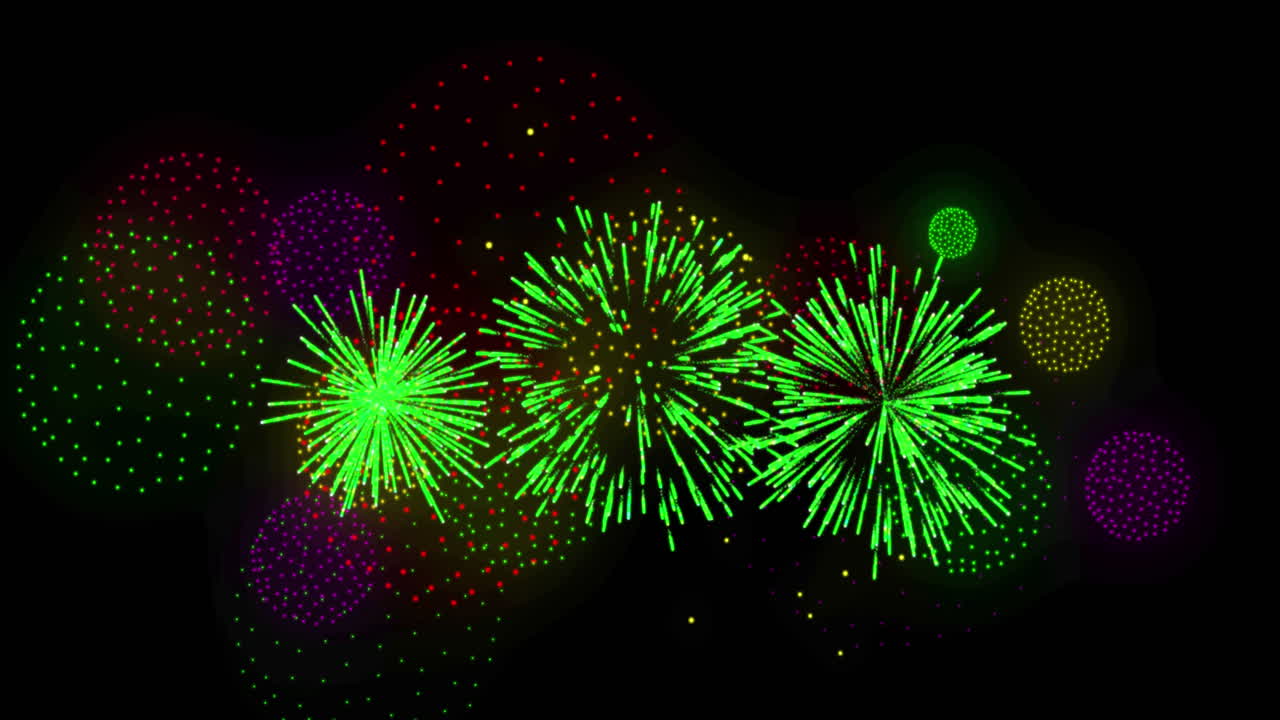 Animation of shapes and fireworks on black backrgound