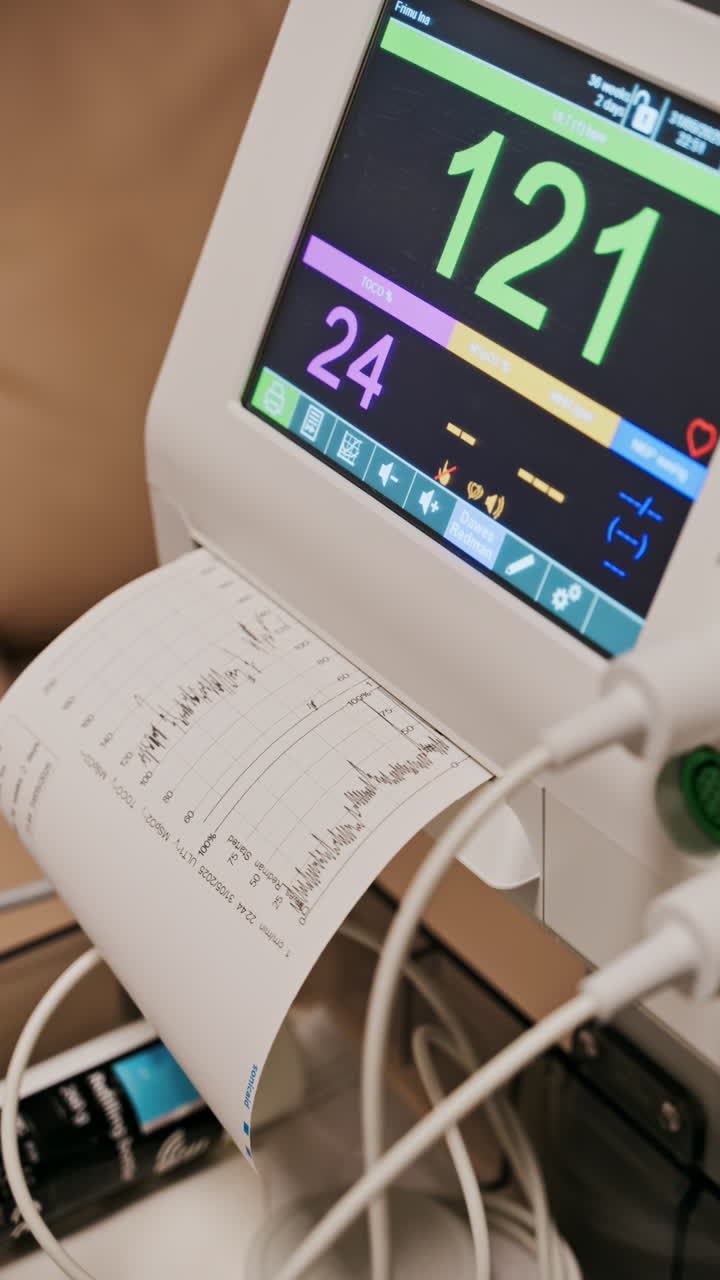 Chisinau, Moldova - May 31, 2025: Close-up of a fetal monitor in a doctor's office, displaying fetal heart rate and uterine contraction data during a prenatal check-up. Vertical