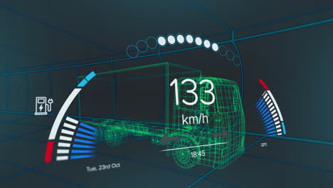 animación del velocímetro, el gps y los datos del estado de carga en la interfaz del vehículo, en un modelo de camión 3d