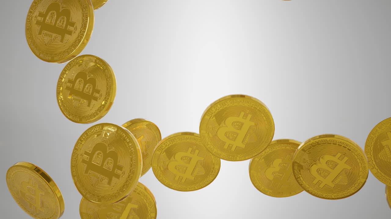 Bitcoin, Rotating Golden Btc Coins Falling. Bitcoin Blockchain Cryptocurrency. Stock And Exchange Market. Financial And Business Concept