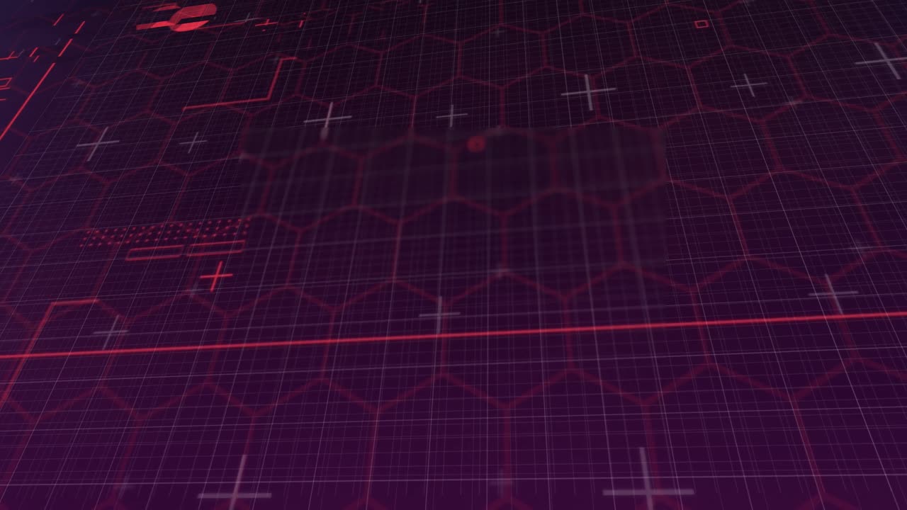 Animation of network of red hexagons and light trails on black background