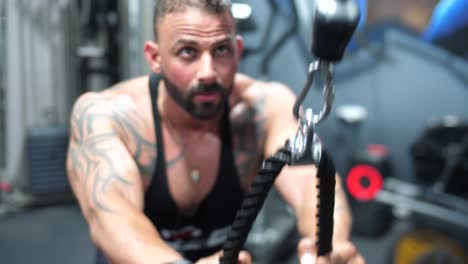 a muscular male bodybuilder lifting weights at the gym working on his backhand