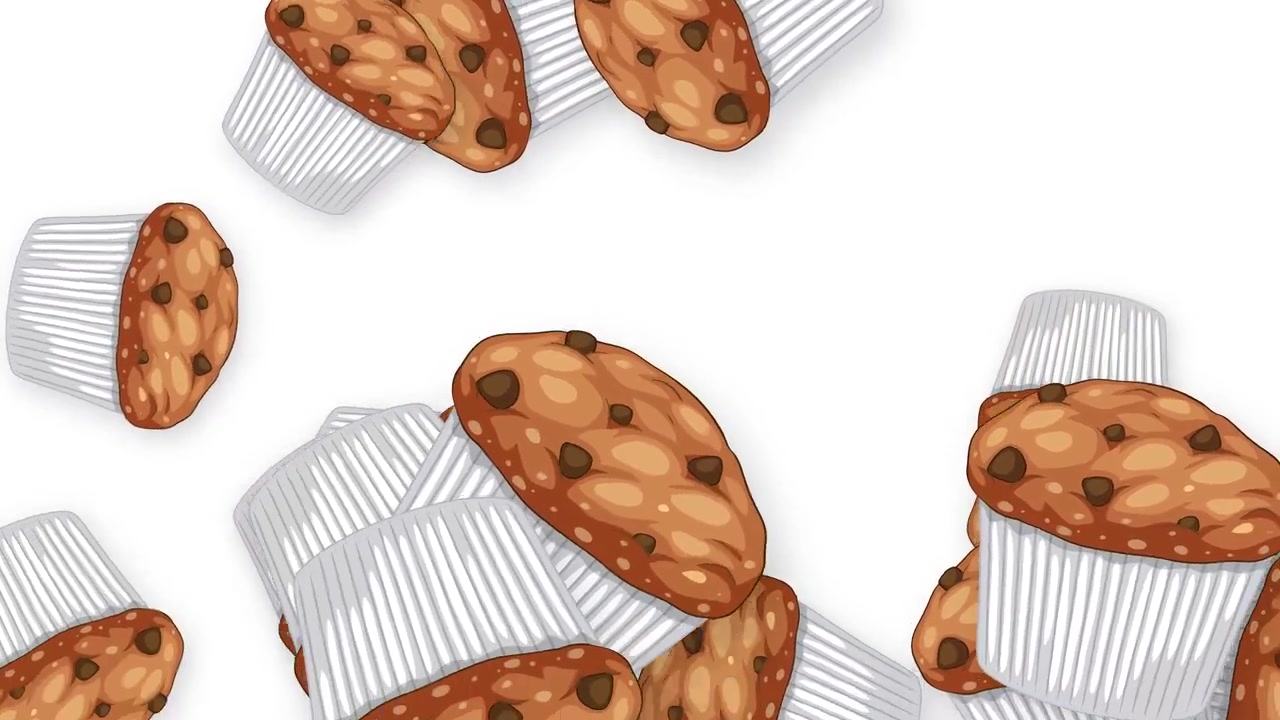 Cartoon chocolate chip muffins fall and bounce across a white background in a playful animation.