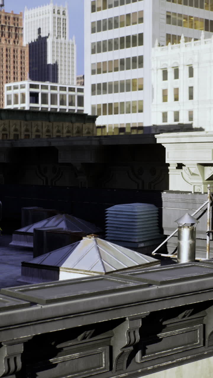 Rooftop view of urban cityscape showcasing architectural details and skyline