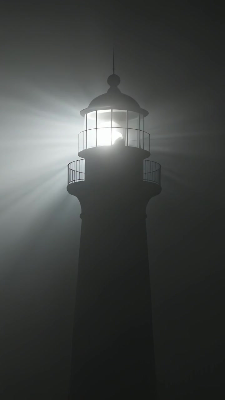 Video verticale: Faro rotante in cima a una torre che invia raggi attraverso la nebbia di notte, guidando le navi