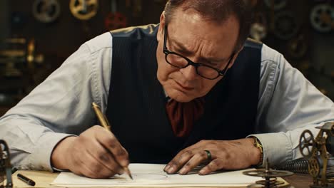 a dedicated inventor concentrates on designing intricate mechanical concepts at his workbench, showcasing artistic skill and passion for creation