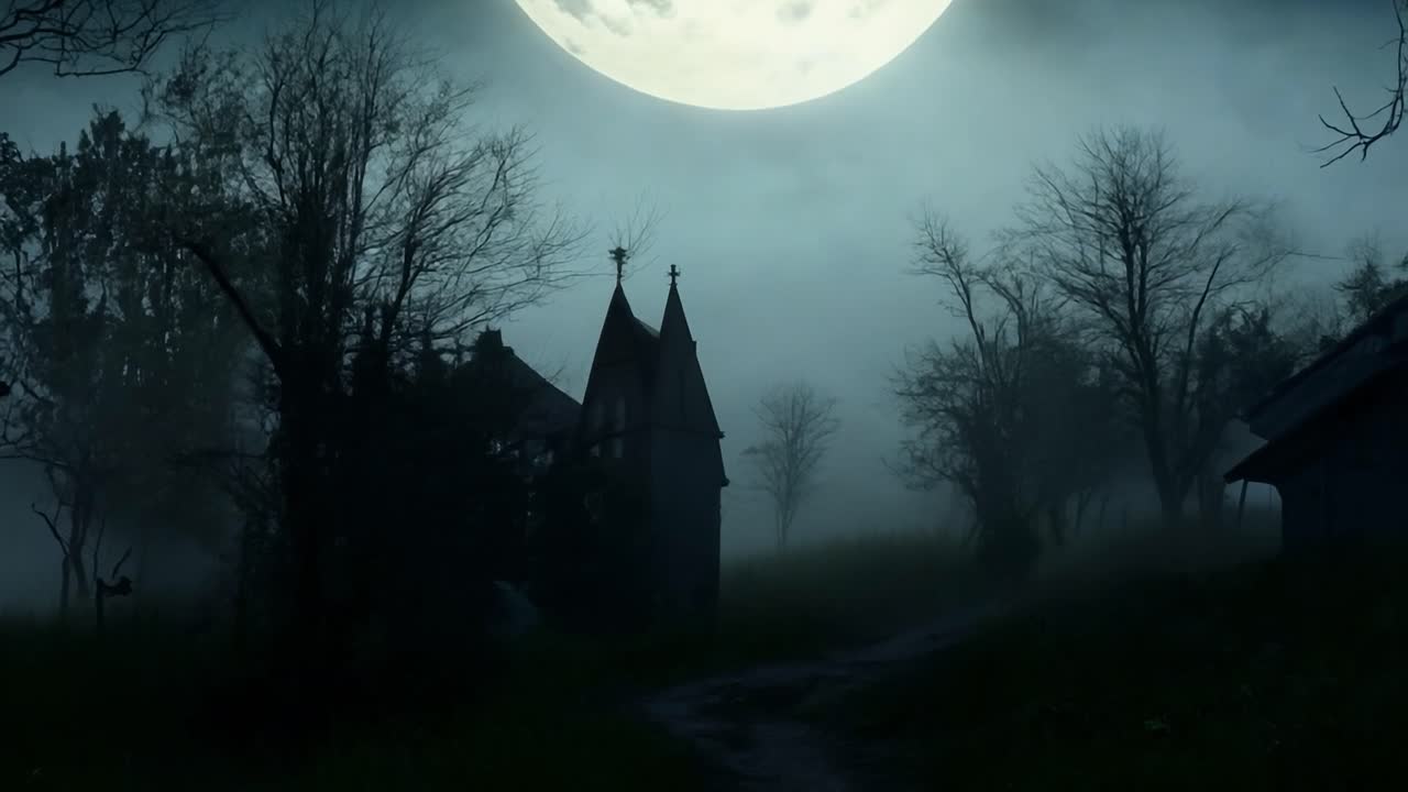 Una casa stregata inquietante con una luna piena di notte
