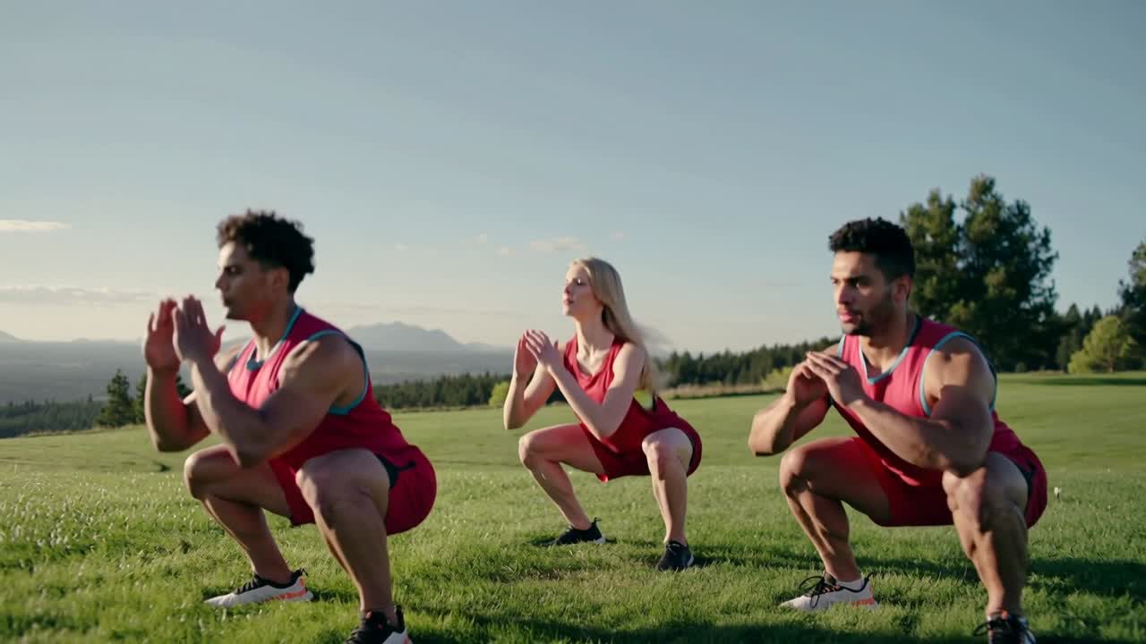 Trio in allenamento esegue squat in sincro su una collina erbosa con abiti rossi, porta di metallo a sinistra.
