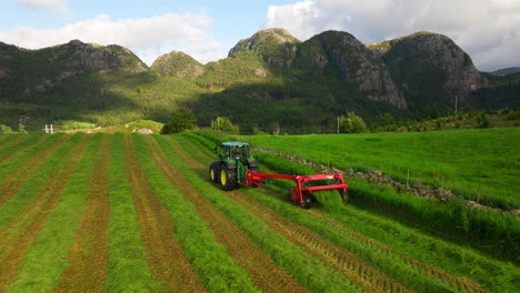 Tractor-with-red-mower-conditioner-harvesting-foliage-crop-for-silage-production