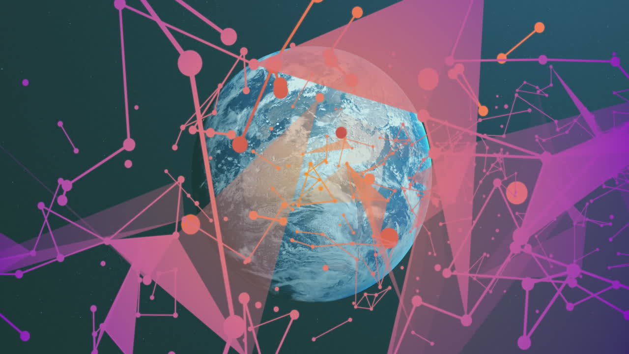 red de comunicación rosada y naranja moviéndose sobre el planeta tierra en el espacio.