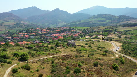 Aerial-shot-near-the-historical-town-and-port-of-Collioure-and-the-French-Spanish-border-at-the-Mediterranean-Sea