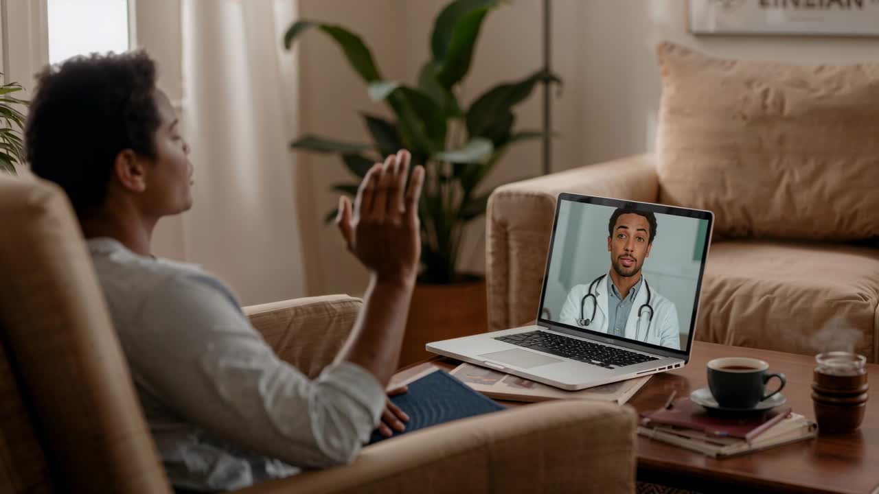 Patient im hellen Oberteil reagiert auf einen Anruf, richtet sich auf und zeigt dem Arzt über den Laptop zu Hause den Daumen hoch, mit Platz für Text.