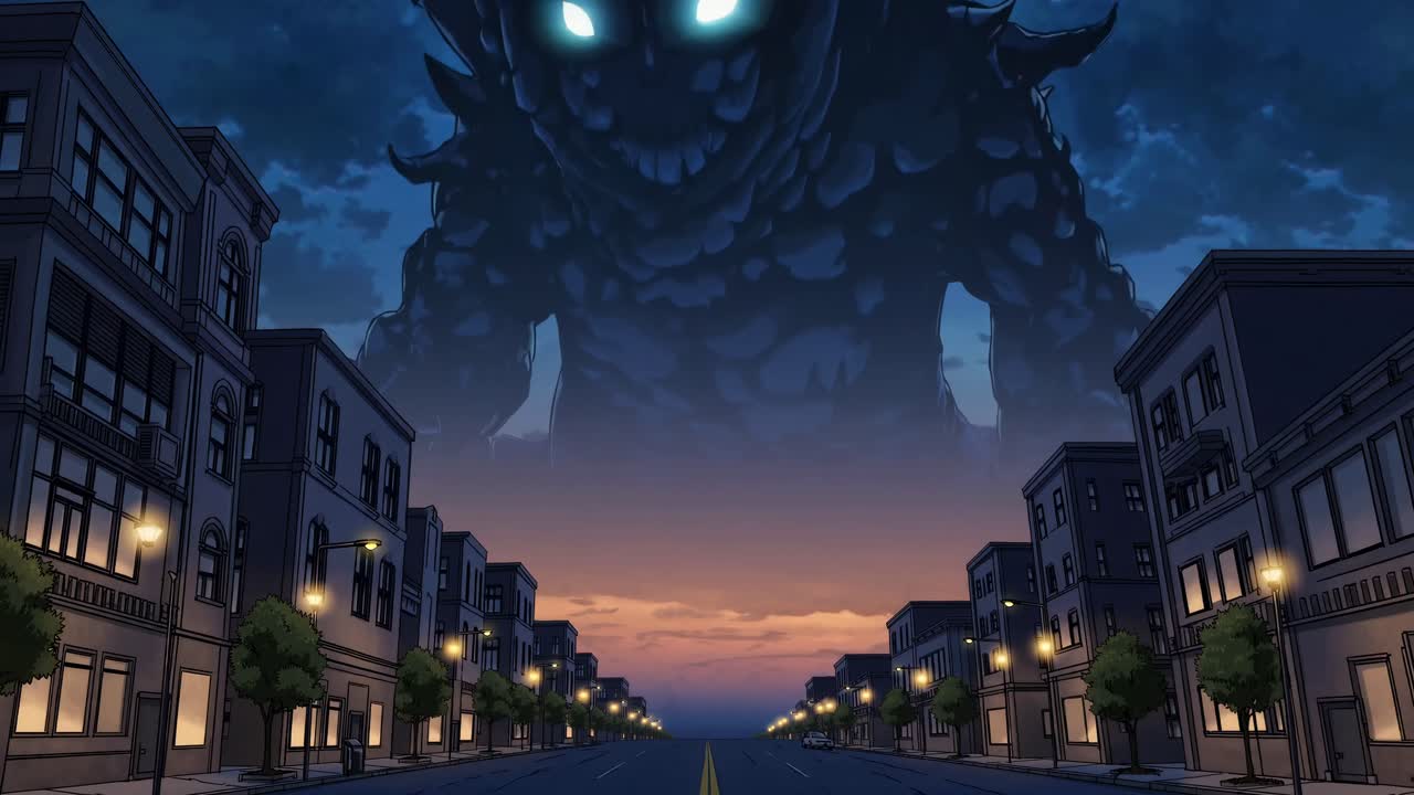 Enormous creature looms over deserted city street at dusk, casting shadows on buildings, creating an atmosphere of suspense and anticipation in the unfolding scene