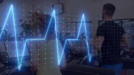 animación de cardiógrafo sobre pareja caucásica haciendo ejercicio
