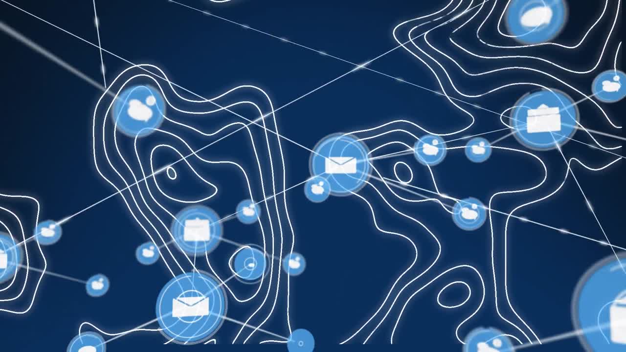 Animation of network of connections over changing isohypses on navy background