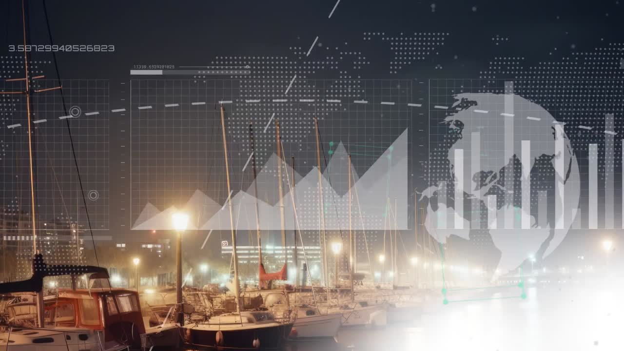 animación del procesamiento de datos financieros y globo sobre yates en el puerto.