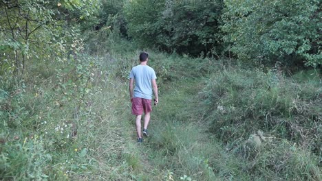 A-man-walks-on-a-footpath-in-forest,-daytime,-summer-season