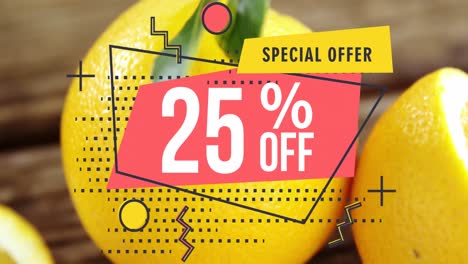 animation of special offer and off text, 25 number with percentile over lemons on table