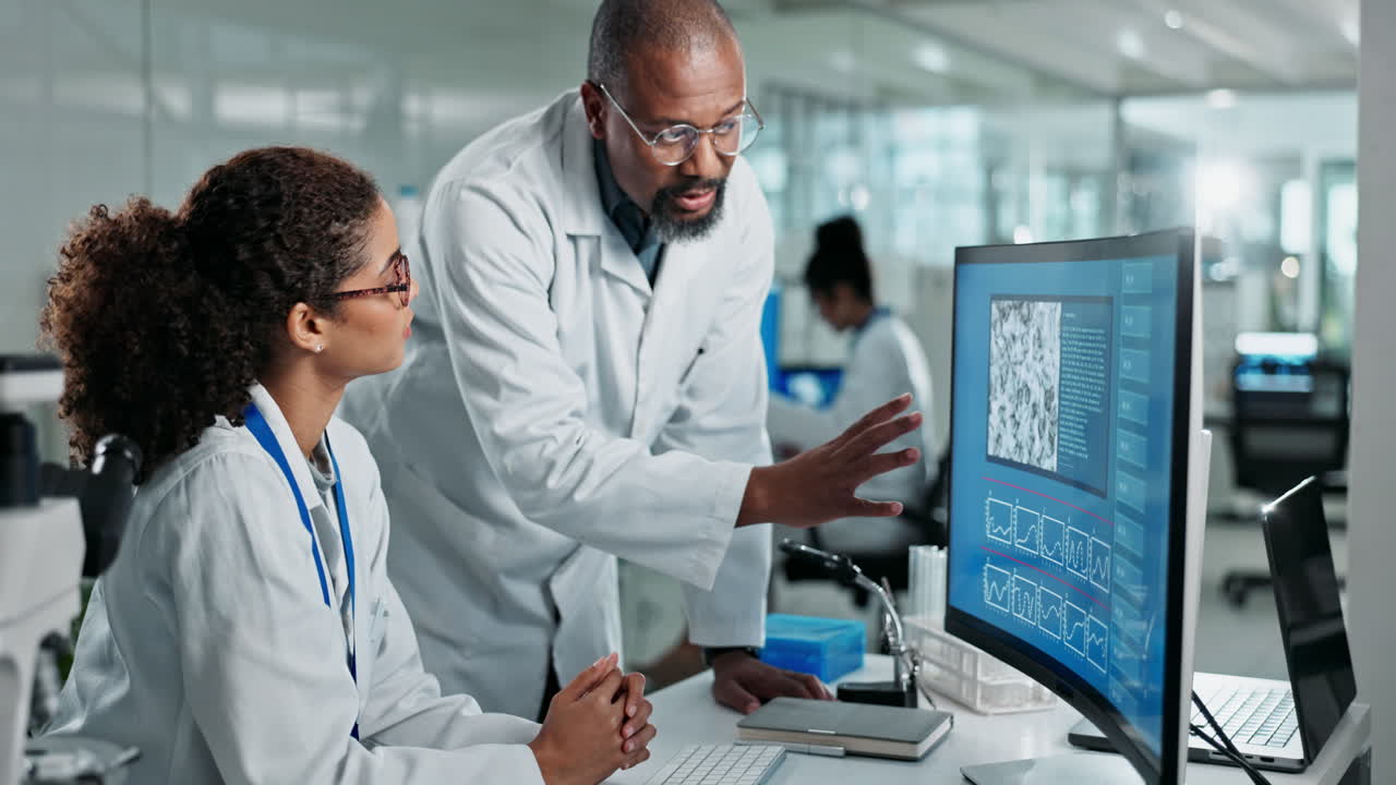 Scientists collaborating on research analysis in a lab