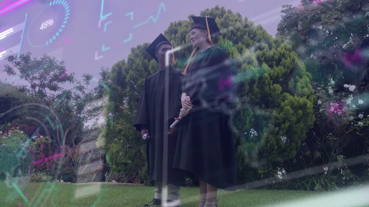 Zwei Absolventen posieren im Garten, ein HUD erscheint und bewirkt eine Anpassung des Diploms und ein Lächeln für den Bildungserfolg.
