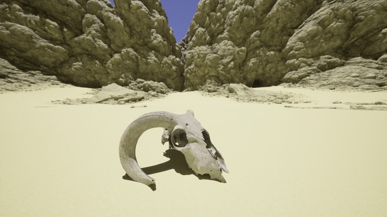 Unique ram skull lying on sandy ground surrounded by rocky cliffs at midday