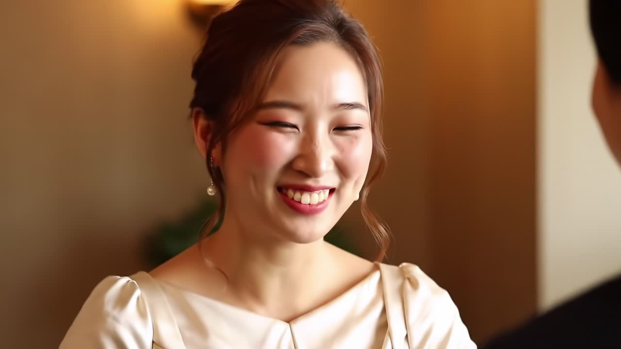 Captivating Moments of Joy: A Radiant Woman Smiles with Genuine Happiness During a Heartfelt Conversation, Exuding Charm and Warmth in an Intimate Setting