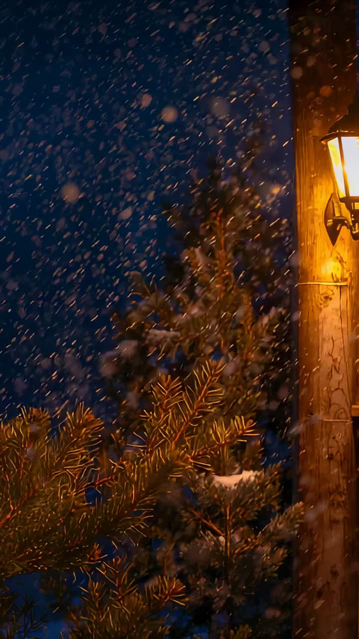 Vídeo vertical: rajadas de vento fortes levando flocos para além da lâmpada no poste da varanda, agulhas de iluminação, espaço para texto