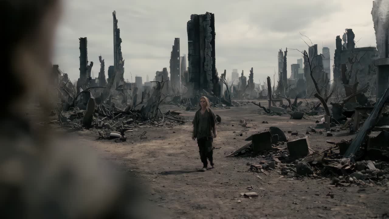 Post-Apocalyptic Girl Walking Through a Ruined City
