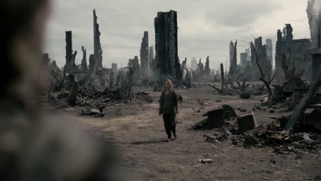 post-apocalyptic girl walking through a ruined city