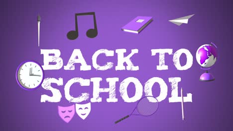 Animation-of-education-icons-with-back-to-school-text-over-purple-background