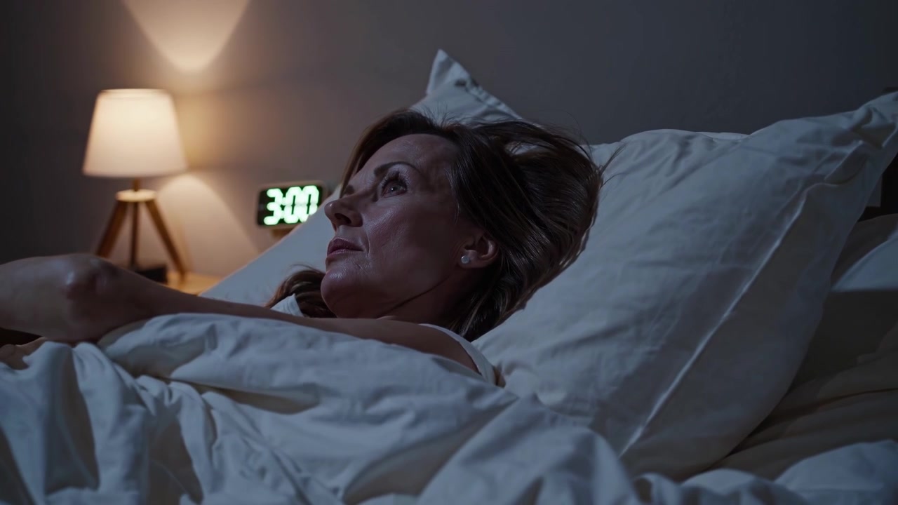 Middle-Aged Woman Struggling with Insomnia in Bed at Night
