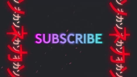 animation of subscribe text over signs and lights spots on black background